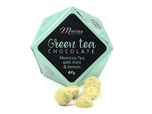 Chocolate almonds "Green Tea Chocolate",60 gr Mint & Lemon